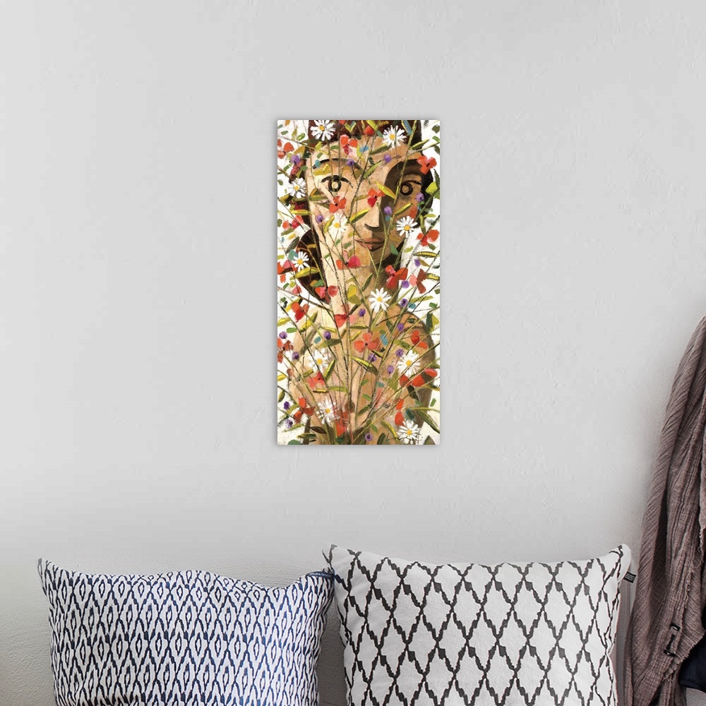 A bohemian room featuring A vertical portrait of a woman behind a large bouquet of wild flowers, painted in a cubism style.