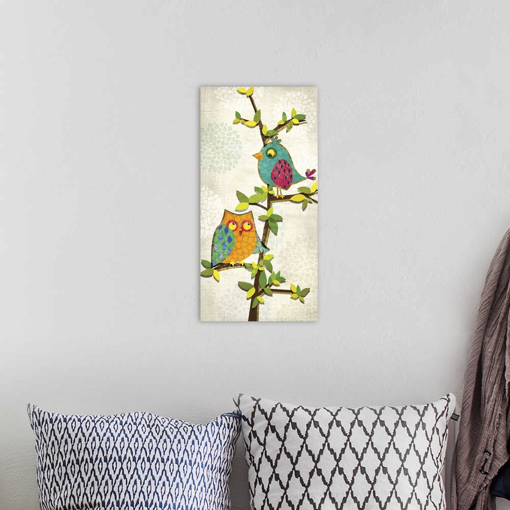 A bohemian room featuring Decorative artwork of a colorful bird and owl on a tree with a floral patterned beige background.