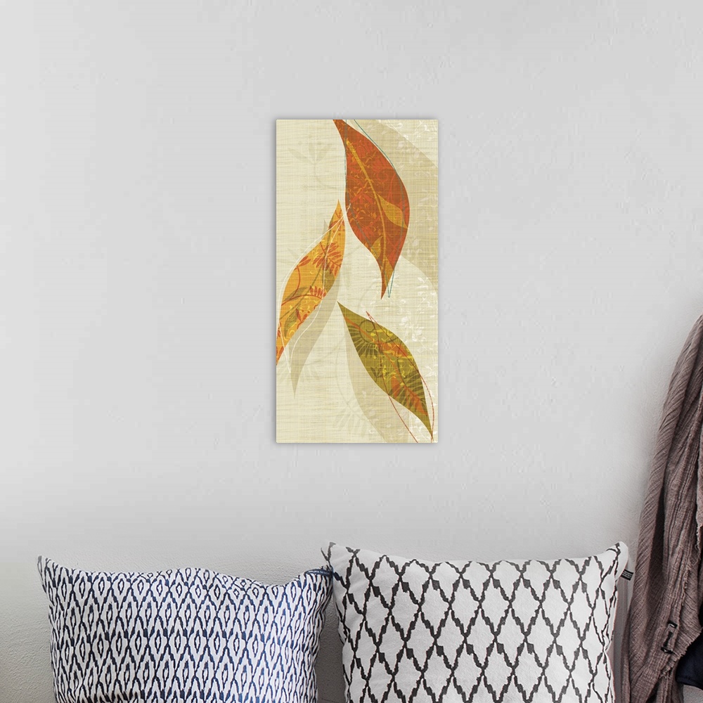 A bohemian room featuring Vertical decorative artwork of modern leaves with patterned details in natural colors of orange, ...