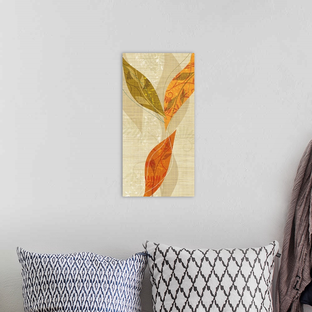A bohemian room featuring Vertical decorative artwork of modern leaves with patterned details in natural colors of orange, ...