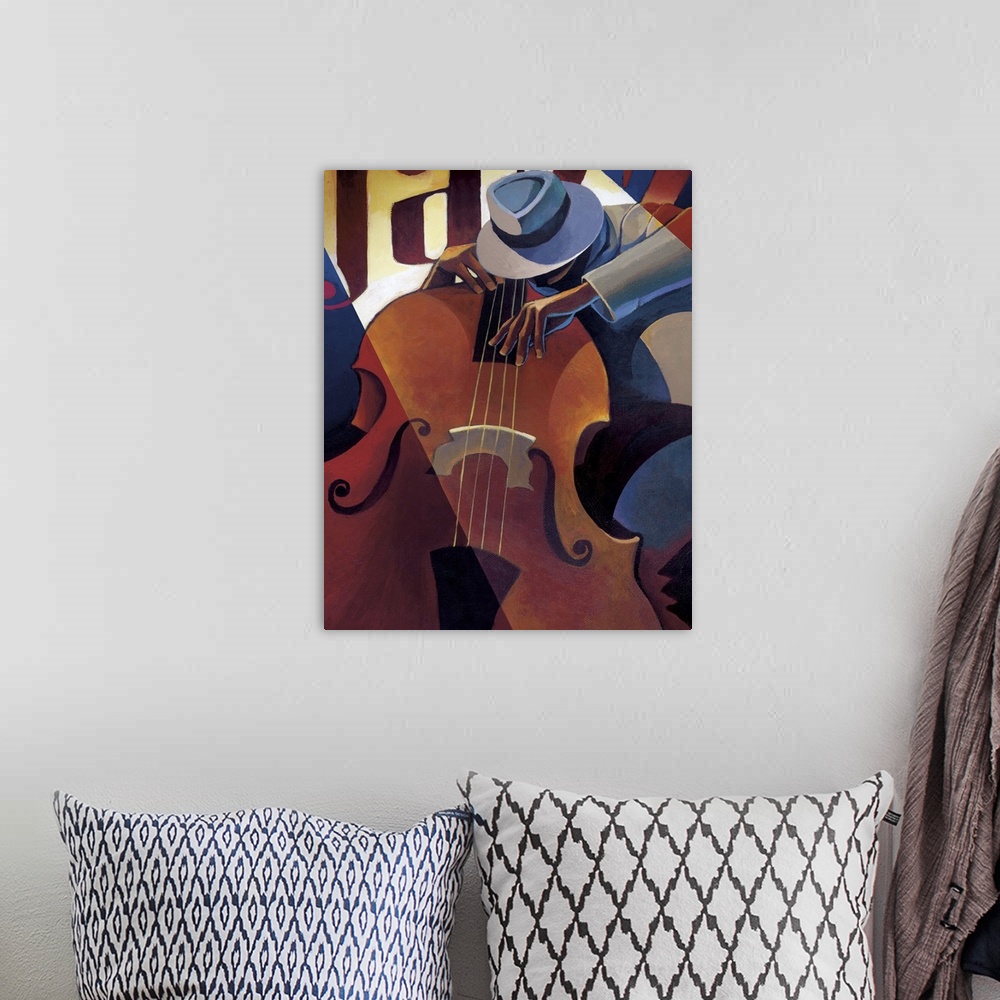 A bohemian room featuring Contemporary painting of a jazz musician playing the bass.