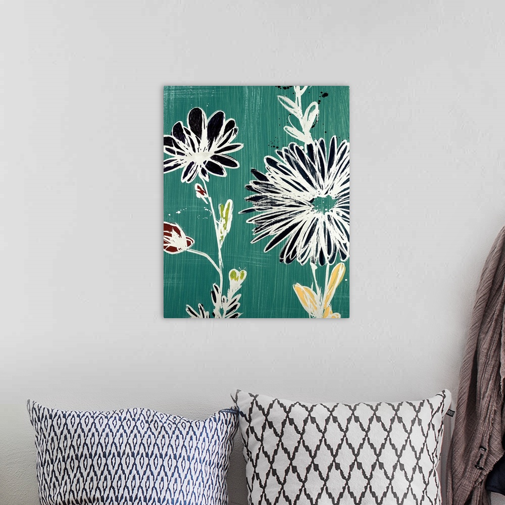 A bohemian room featuring Modern painting of flowers in white, black, red and yellow against a teal background with vertica...