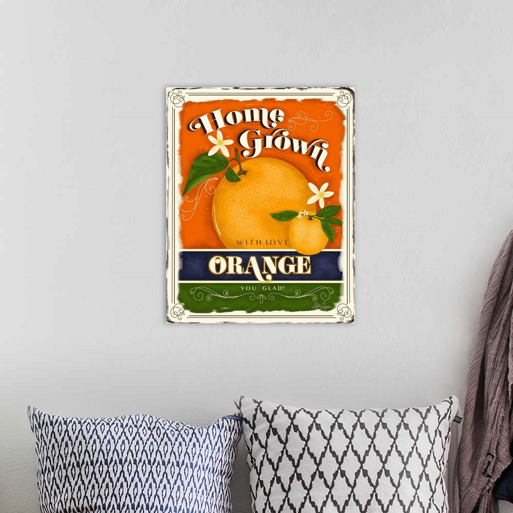 A bohemian room featuring Retro fruit signage in a bright and fruity color palette