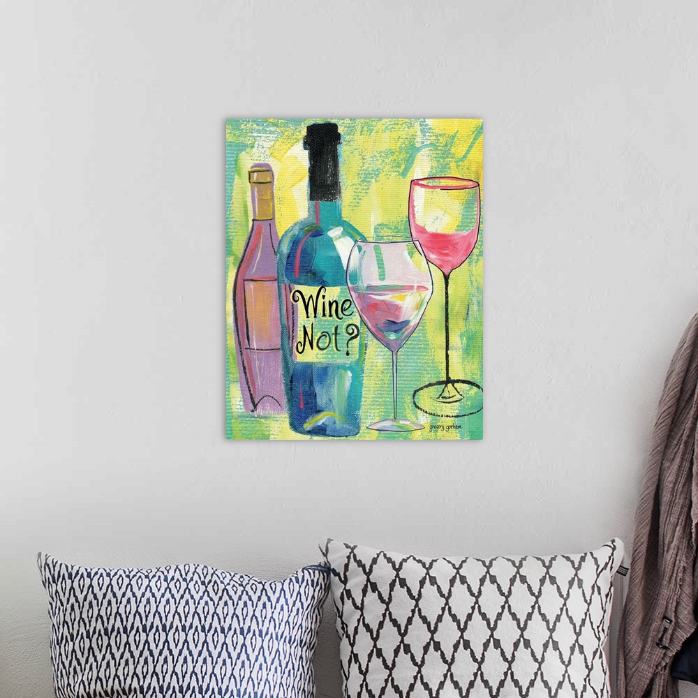 A bohemian room featuring Whimsical, sassy wine scene injects humor into a decor treatment.