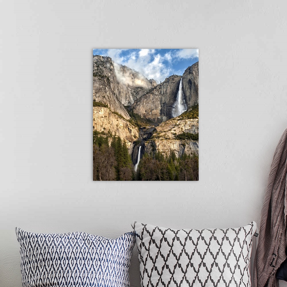 A bohemian room featuring USA, California, Yosemite National Park, Upper and Lower Yosemite Falls at sunrise