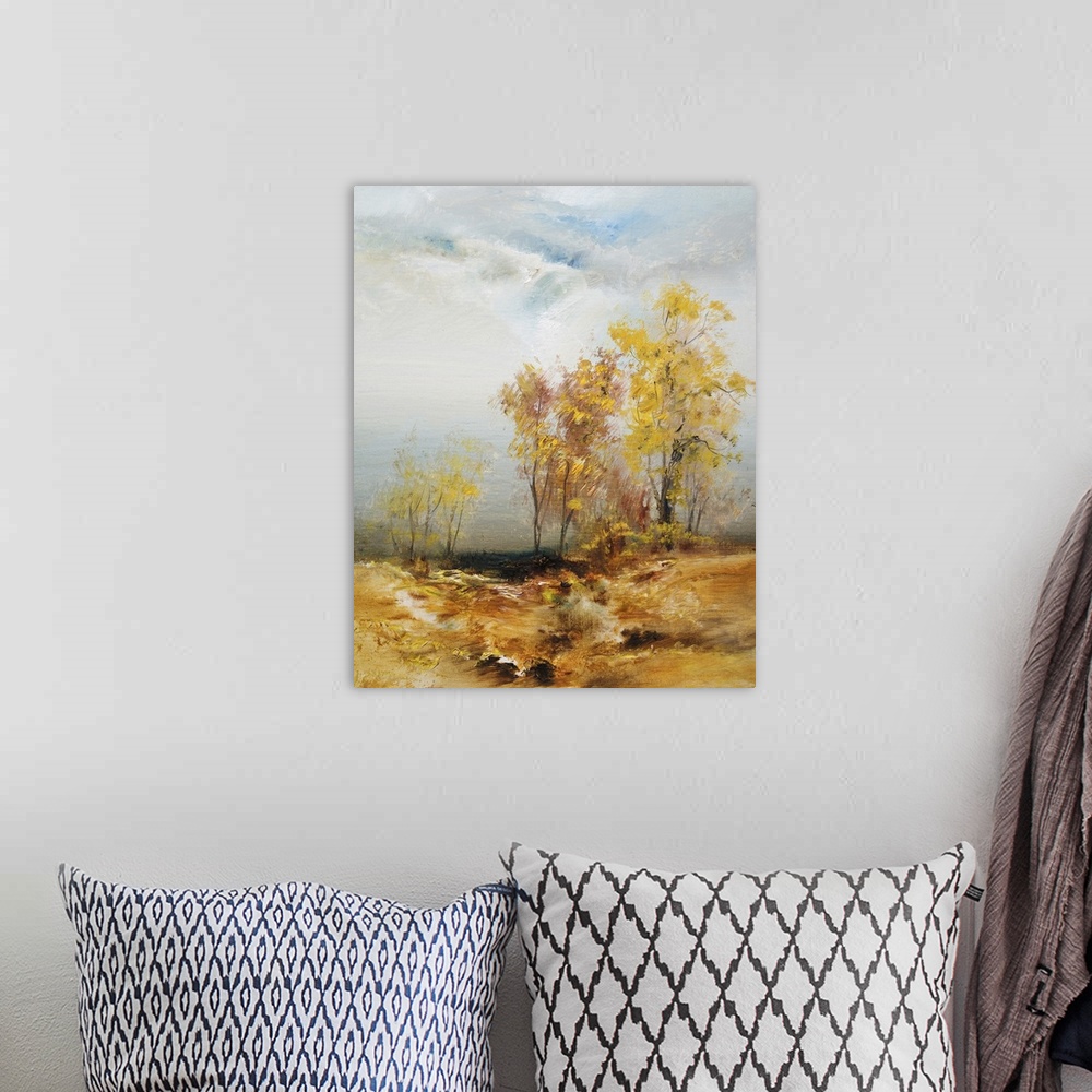 A bohemian room featuring Trees in autumn, originally an oil painting.