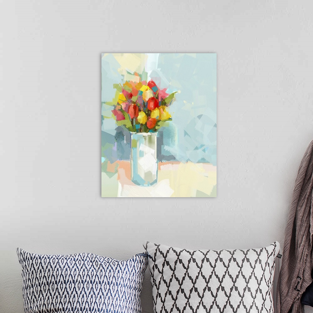 A bohemian room featuring Vase with still life a bouquet of flowers. Originally an oil painting.
