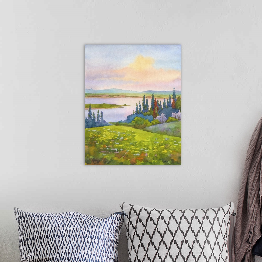 A bohemian room featuring Watercolor landscape of hills with spring flowering trees and meadows on a river in the valley.