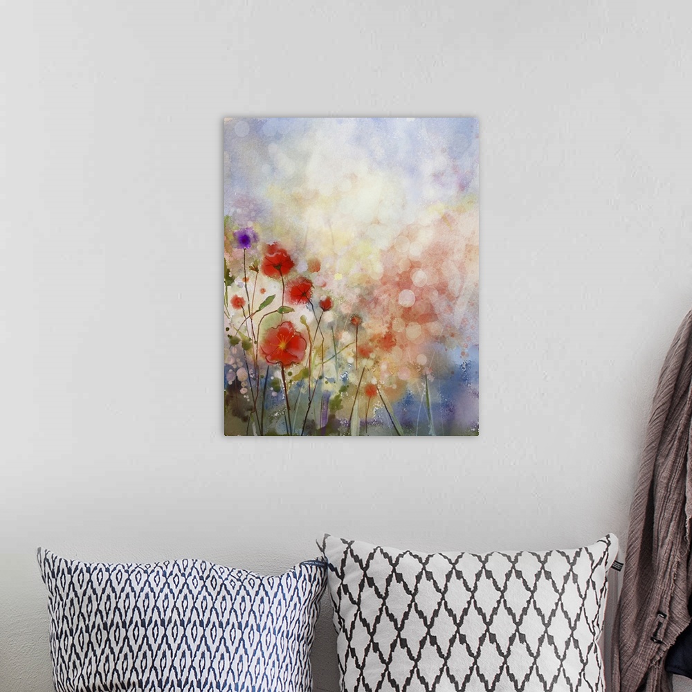 A bohemian room featuring Originally a watercolor painting of red poppy flowers. Flowers in soft color and blur style. Spri...