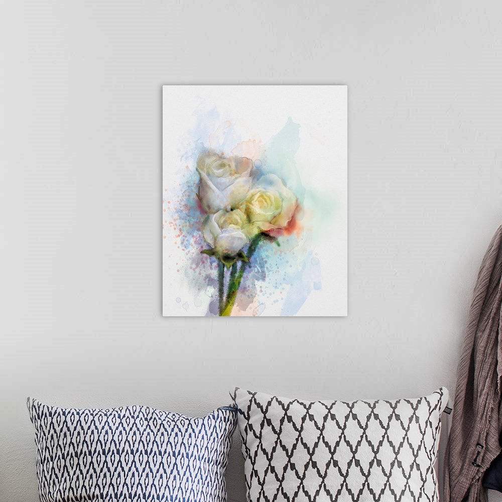 A bohemian room featuring Originally an abstract flowers painting. White roses floral in pastel color with light pink and y...