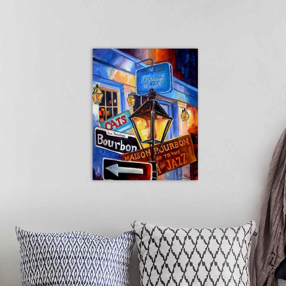 A bohemian room featuring Portrait, contemporary painting of a small collection of advertising signs one would see on Bourb...