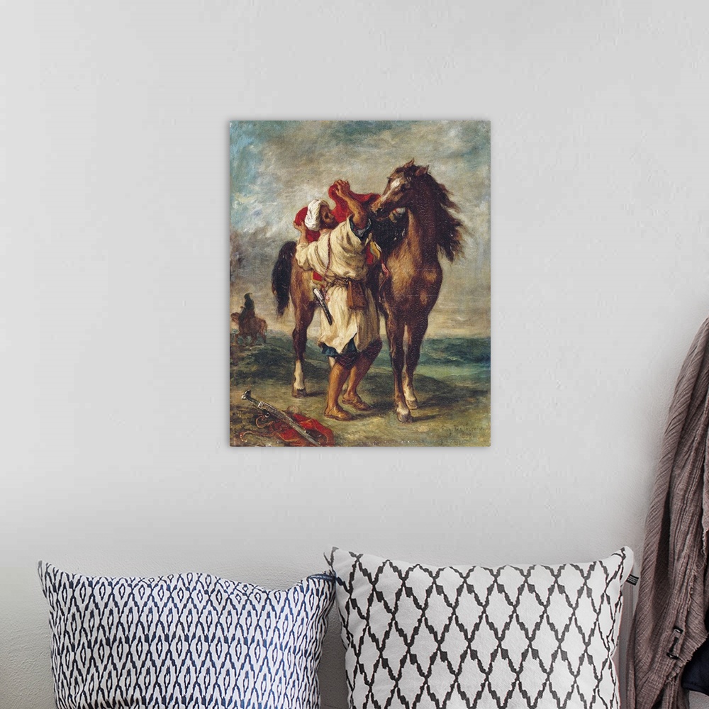 A bohemian room featuring Arab Saddling His Horse