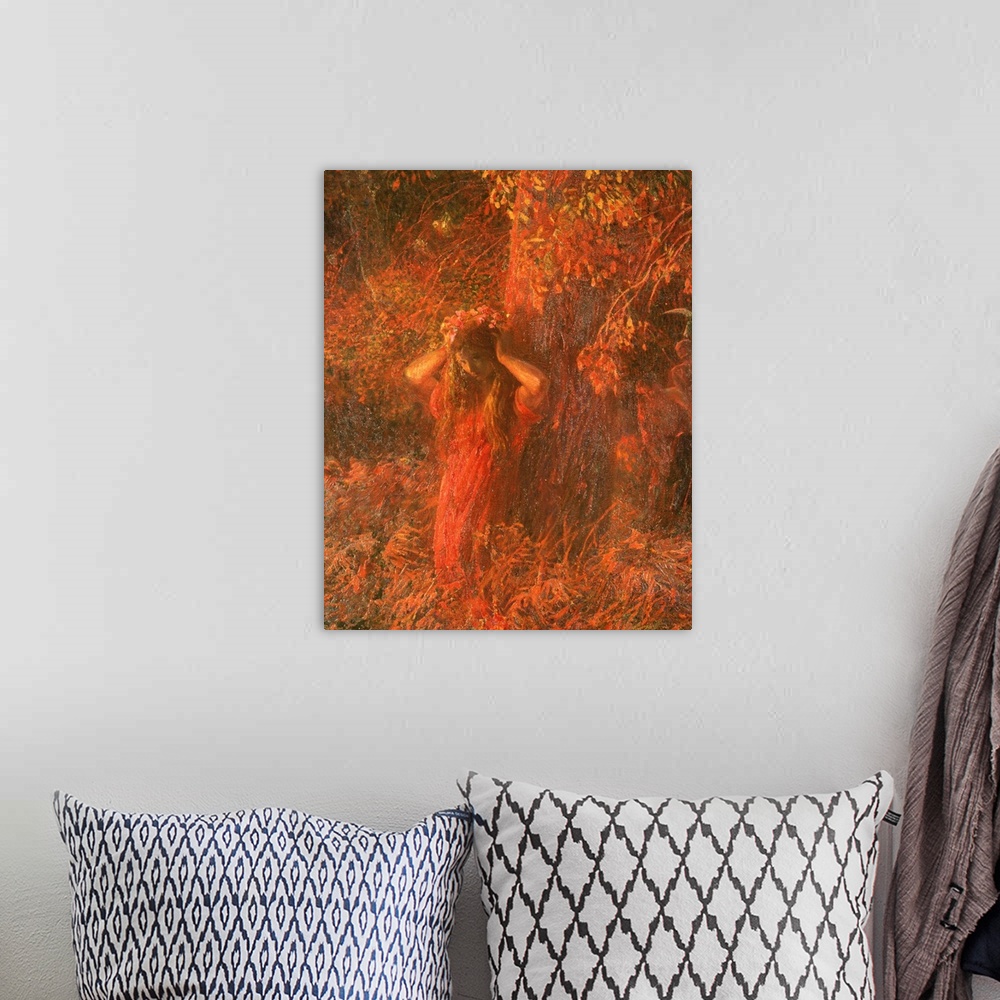 A bohemian room featuring Private collection. Whole artwork view. Painting on different shades of red. A girl in a wood wea...