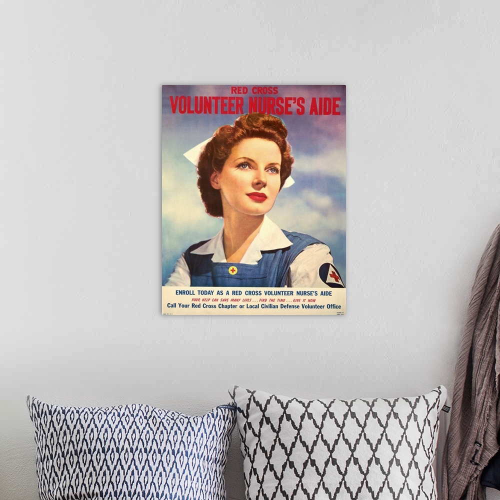 A bohemian room featuring US recruitment poster for Red Cross volunteer nurse's aide during World War II