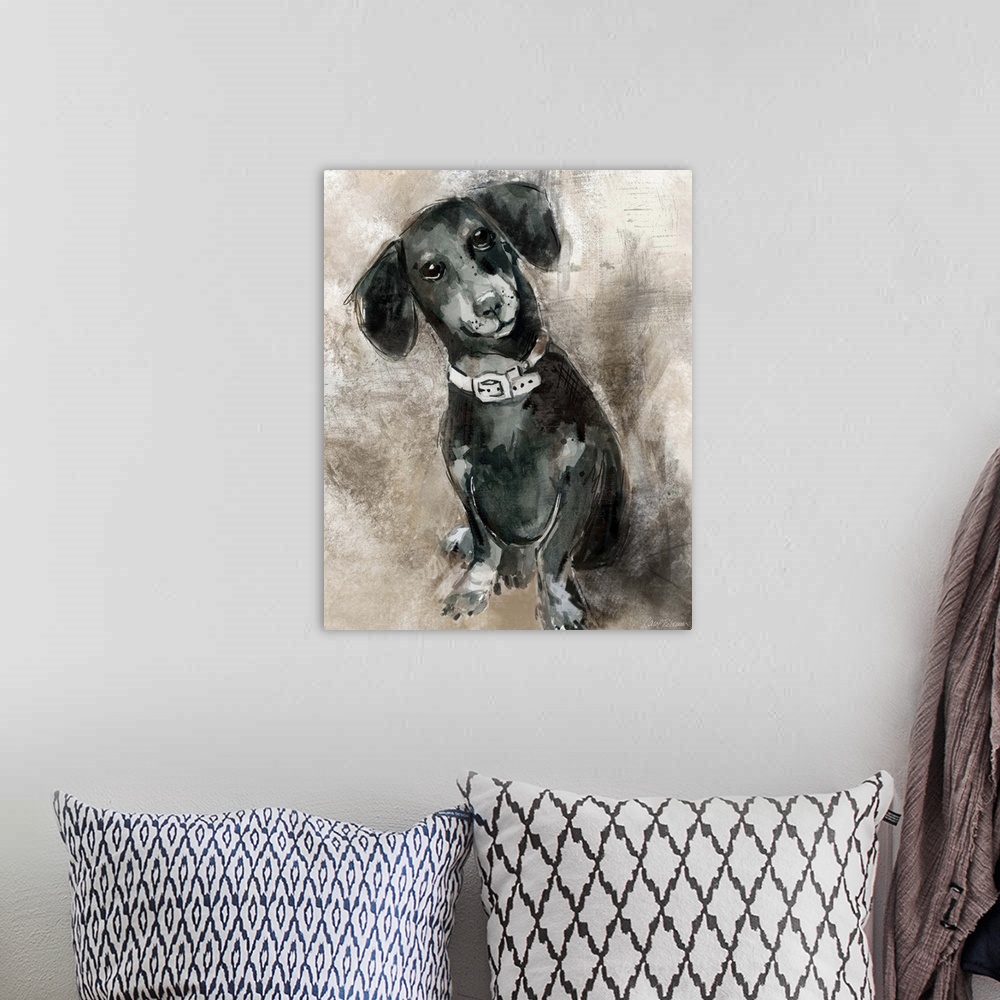 A bohemian room featuring Watercolor painting of a cute dachshund in grey, black, and white tones on a mixed neutral colore...