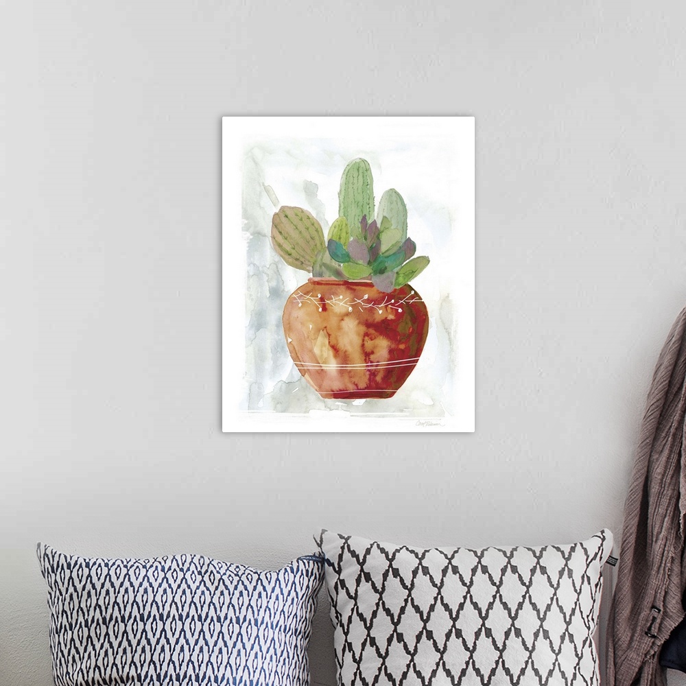 A bohemian room featuring A watercolor painting of cacti and succulents.