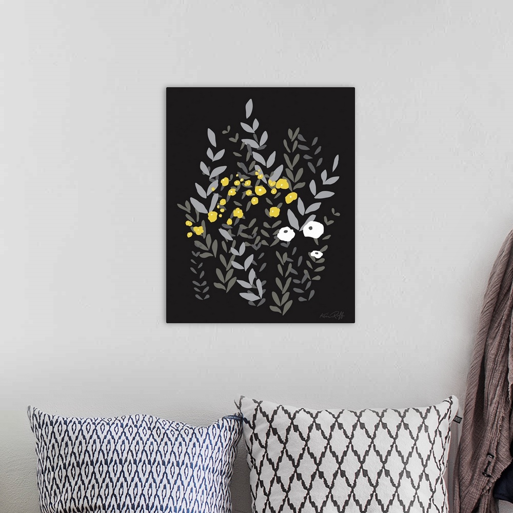 A bohemian room featuring Large graphic illustration of abstract wildflowers in yellow, white, and gray hues on a solid bla...