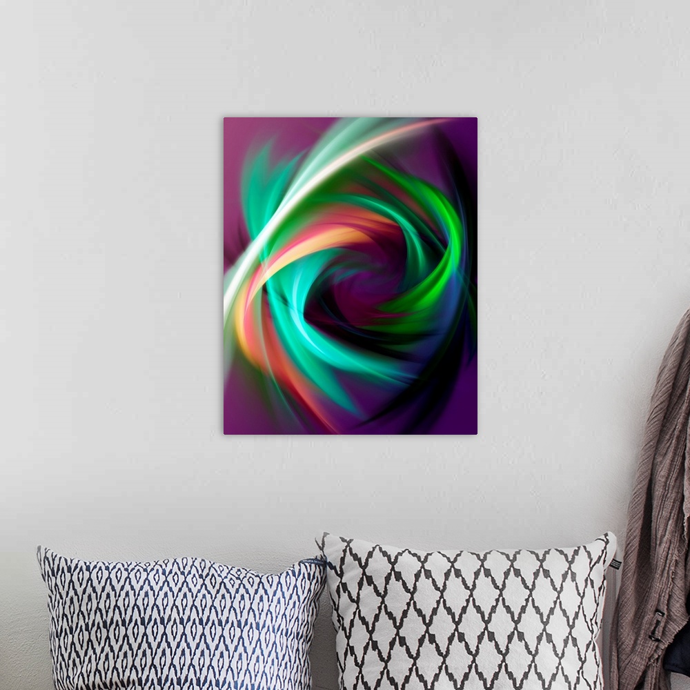 A bohemian room featuring Oversized abstract wall art for the office or home this artwork shows streaks of color woven toge...