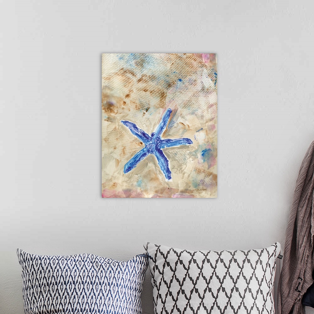 A bohemian room featuring Watercolor painting of a starfish made in shades of blue with a textured white, brown, blue, and ...