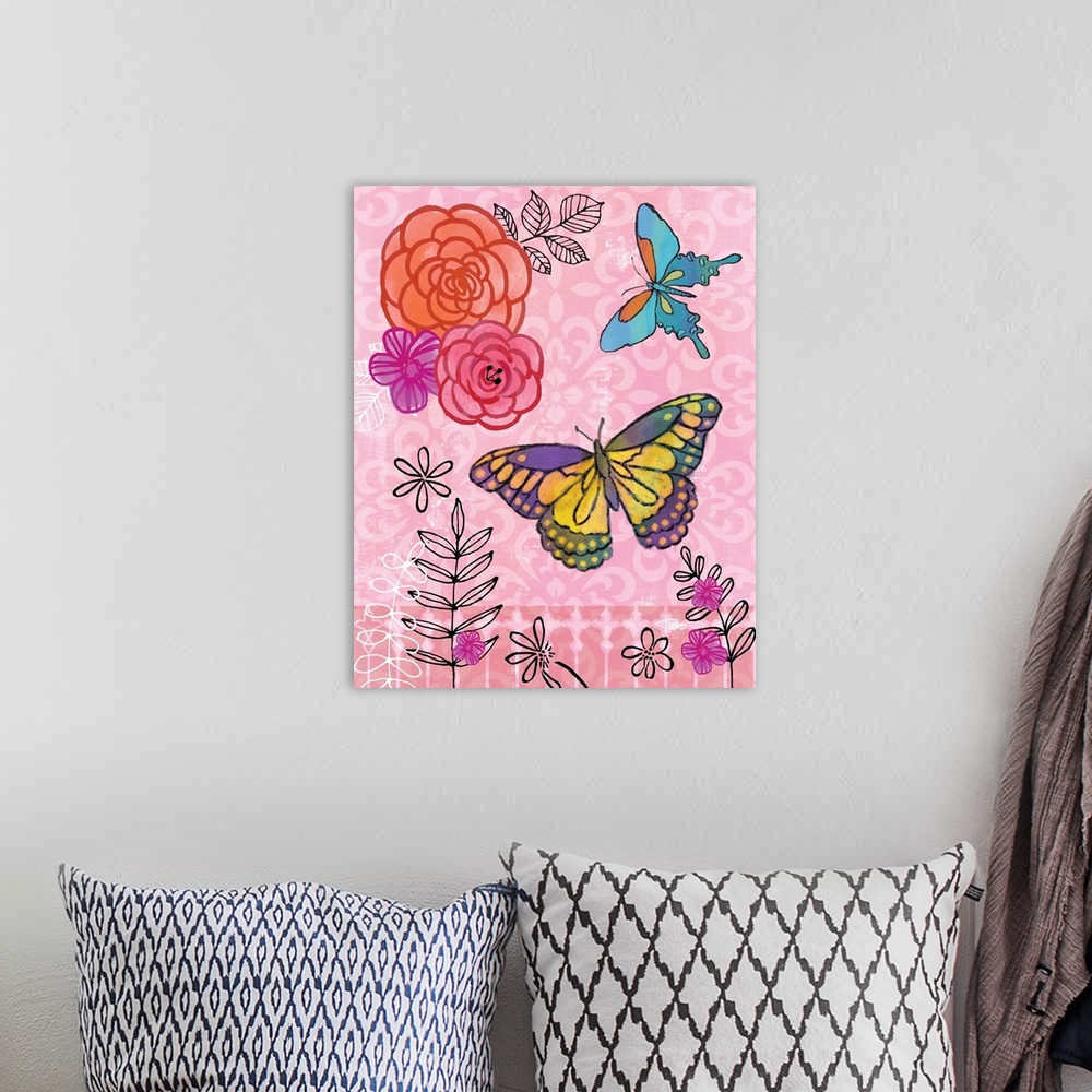 A bohemian room featuring Whimsy illustration of butterflies and flowers on a light pink patterned background.