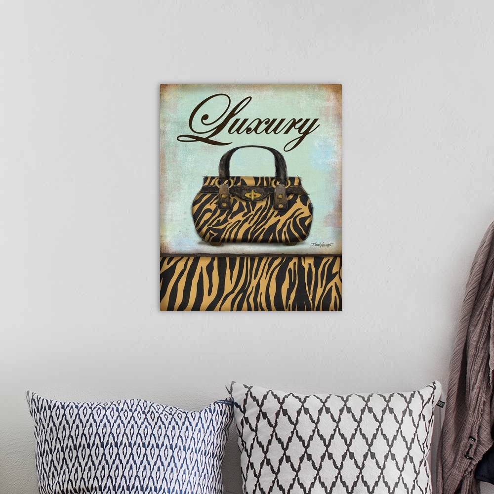 A bohemian room featuring Fashionable decor with an illustration of a gold and black zebra print purse with the word "Luxur...