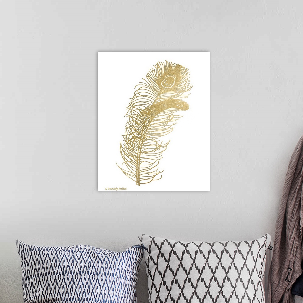 A bohemian room featuring Metallic gold peacock feathers on a white background.