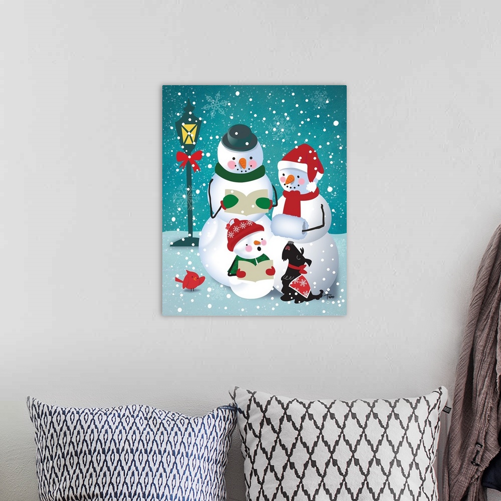 A bohemian room featuring Whimsical illustration of three snowmen, a dog, and a cardinal caroling in the snow.