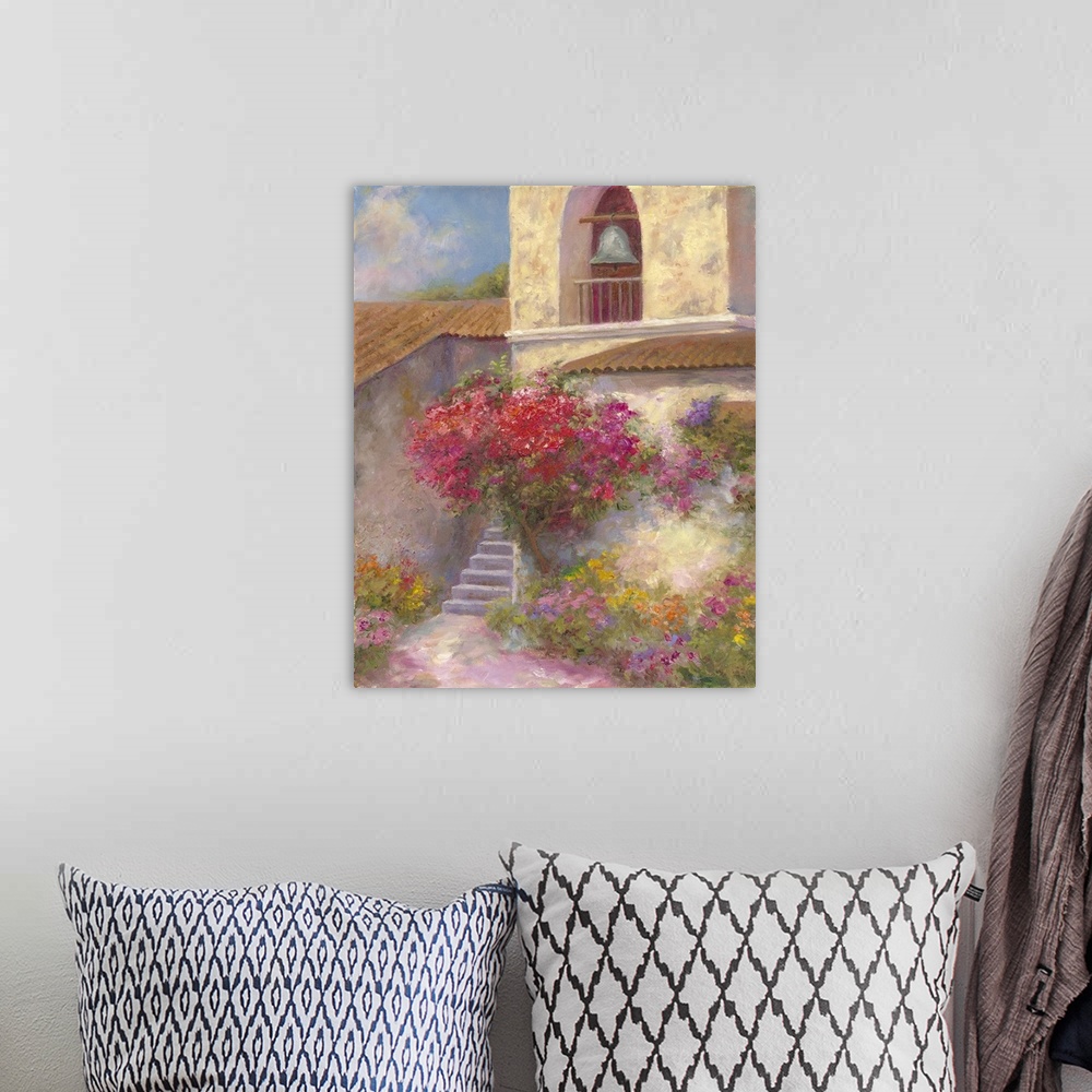 A bohemian room featuring Contemporary artwork of a bell in a church.