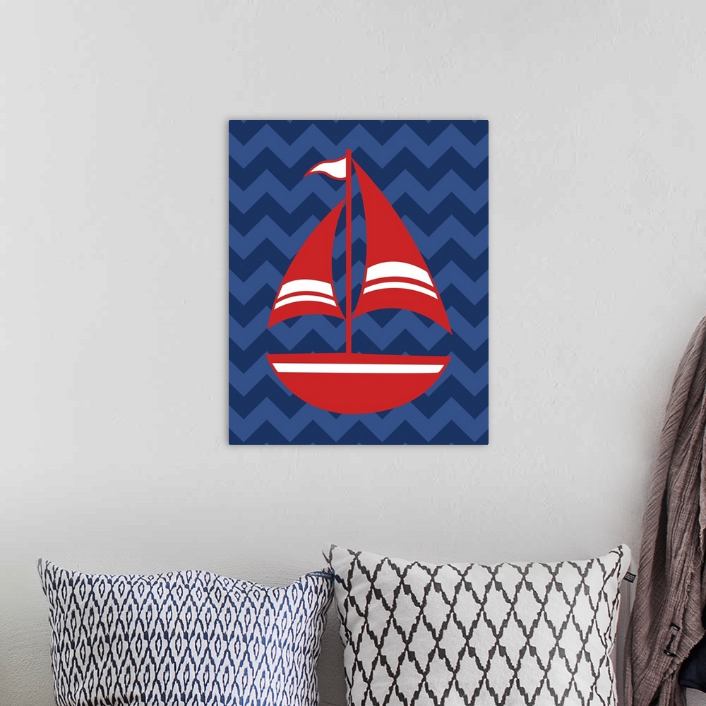 A bohemian room featuring Square nautical art with an illustration of a red and white sailboat on a blue zig-zag patterned ...