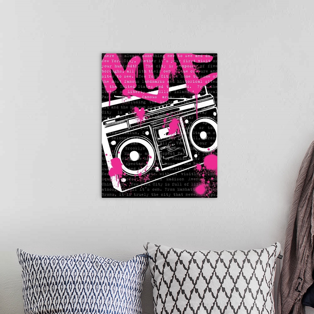 A bohemian room featuring Graffiti art in pink, black, and white with a boom box and NYC spray painted at the top.