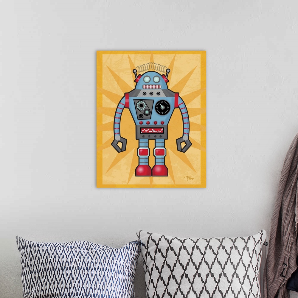 A bohemian room featuring Fun illustration of a red and blue robot on a yellow background.
