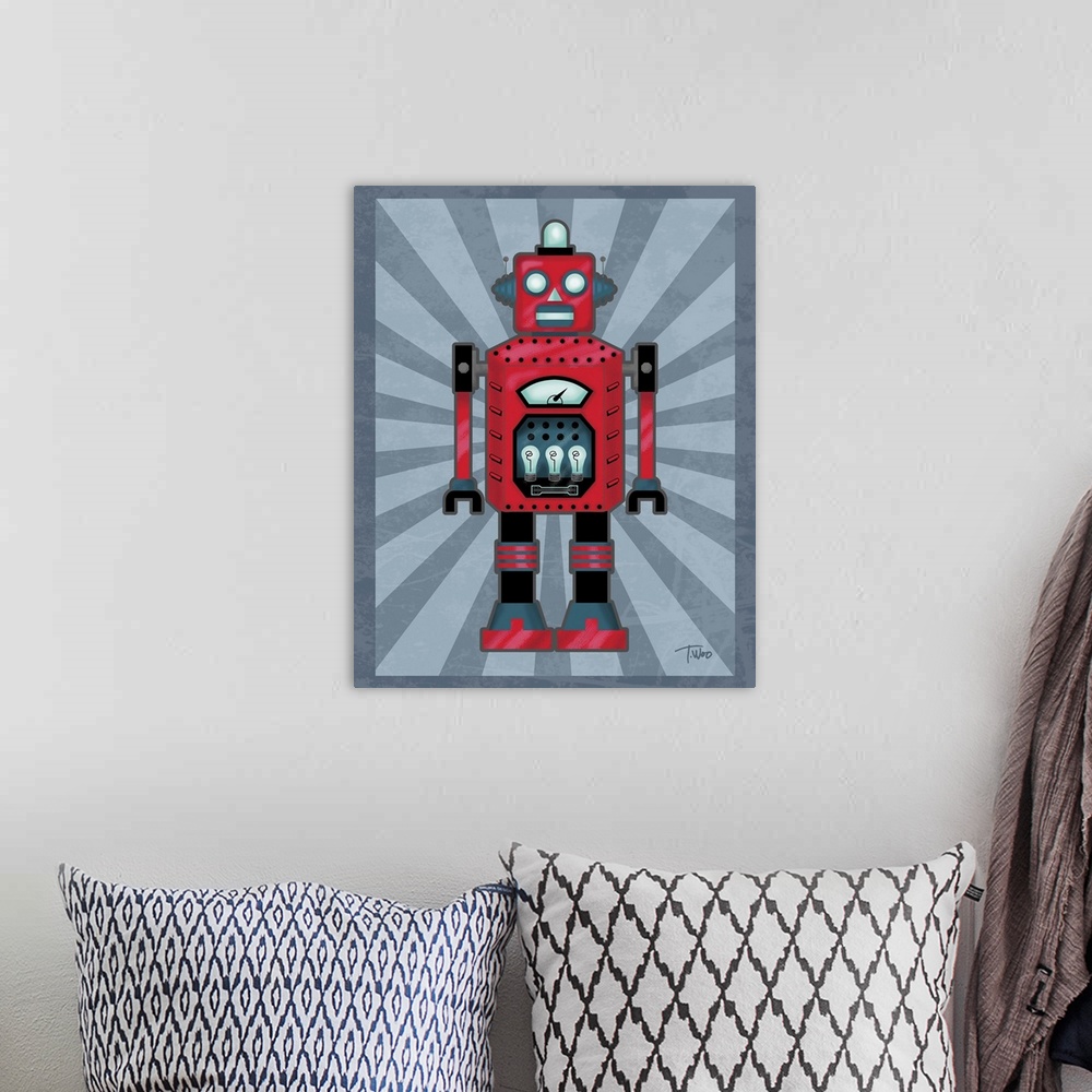 A bohemian room featuring Fun illustration of a red, black, and blue robot on a blue-gray background.