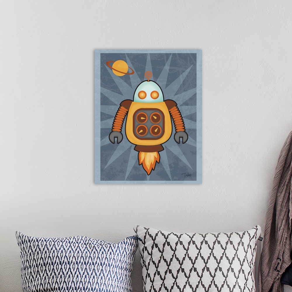 A bohemian room featuring Fun illustration of an orange, brown, and blue robot blasting into space with Saturn in the backg...