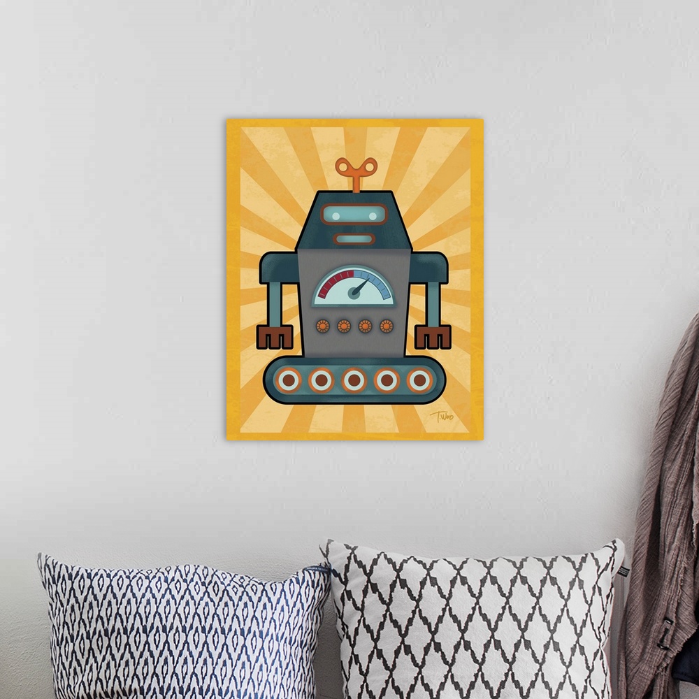A bohemian room featuring Fun illustration of a blue, orange, and gray robot on a yellow background.
