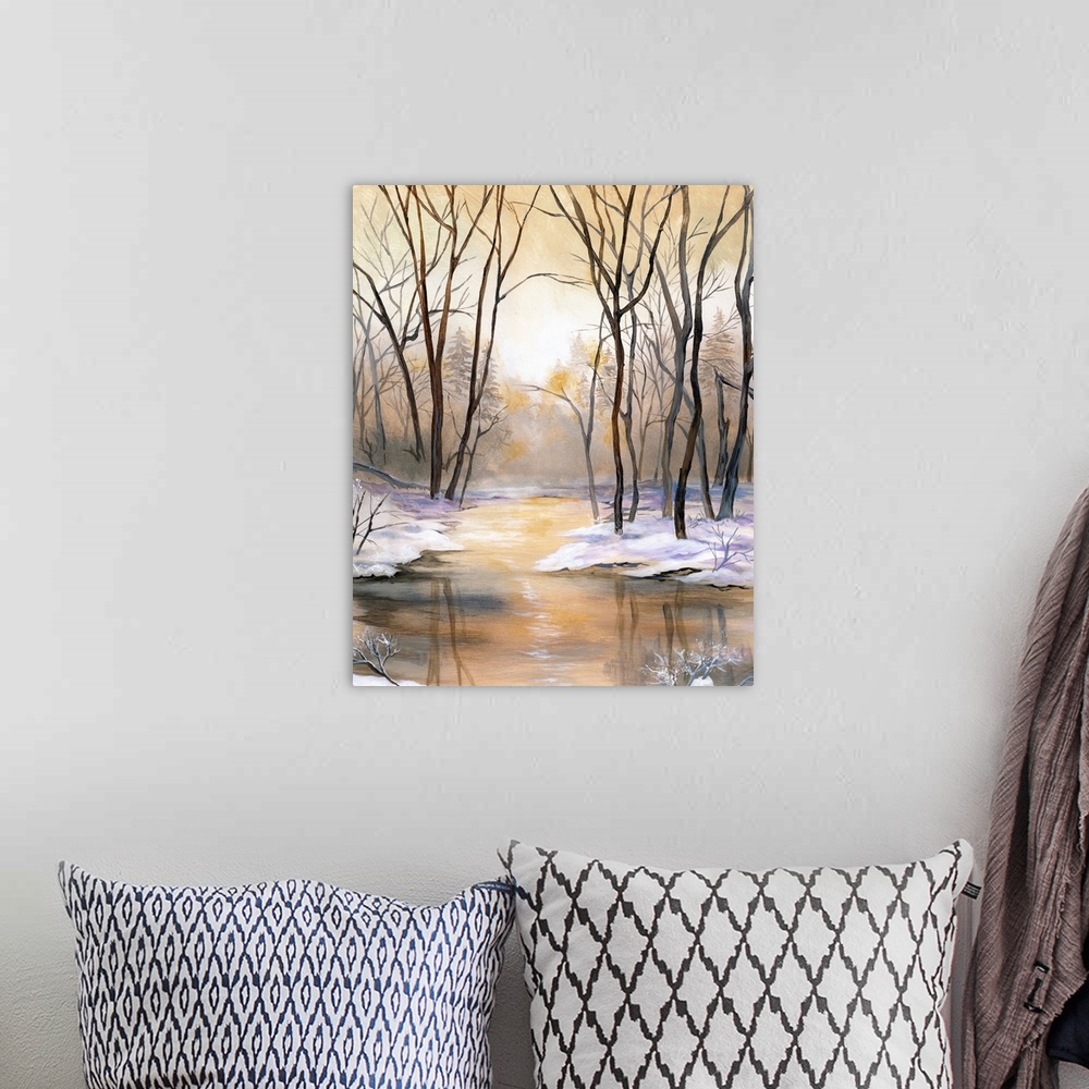 A bohemian room featuring Landscape painting of a river lined with snow and tall bare Winter trees during a golden sunset.