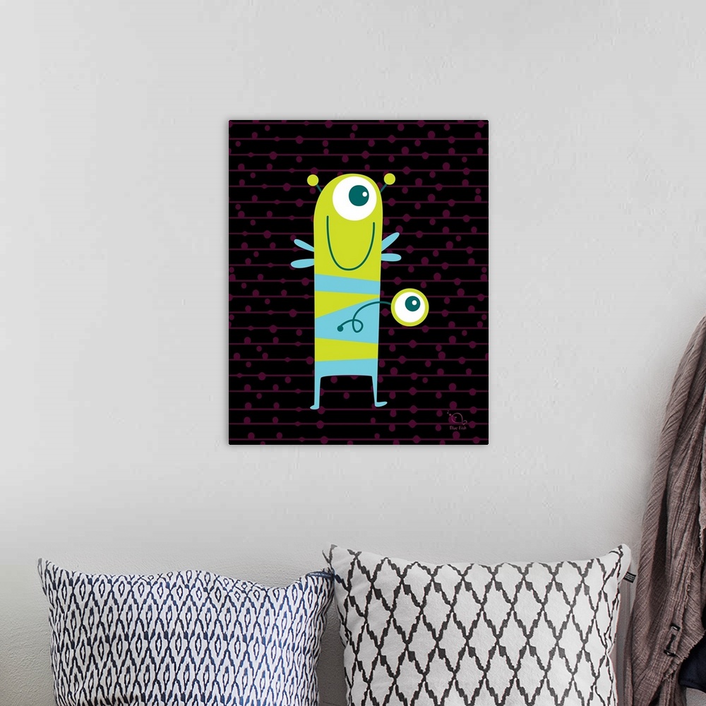 A bohemian room featuring Square illustration of a bright green and blue monster on a black and purple patterned background.