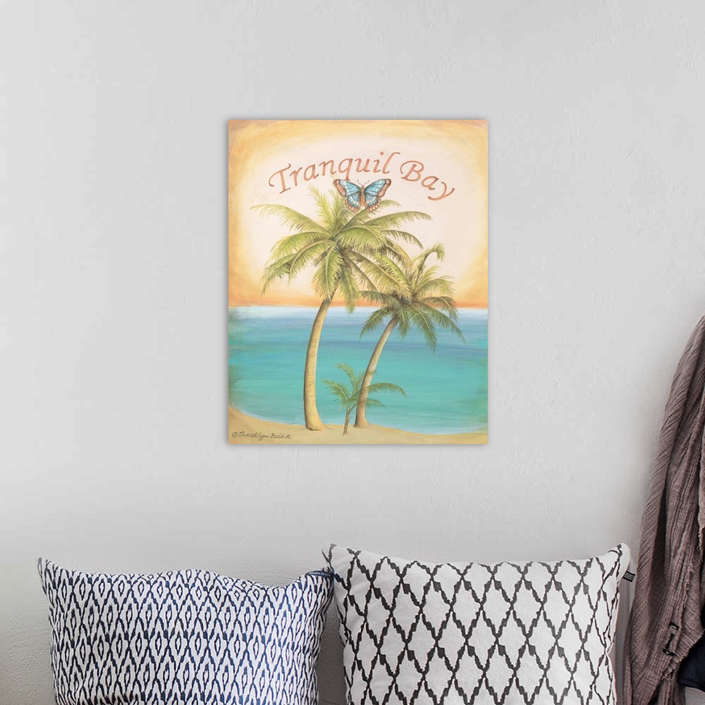 A bohemian room featuring Painting of palm trees on a beach with a butterfly flying above and "Tranquil Bay" written at the...