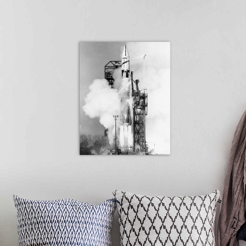 A bohemian room featuring Cape Canaveral, FL-: The Atlas Centaur lifts off Pad 36 at 2:03 p.m. carrying its first liquid hy...