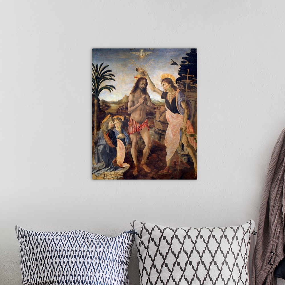 A bohemian room featuring Baptism of the Christ - Painting by Andrea di Francesco di Cione, called Verrocchio (1435-1488) a...