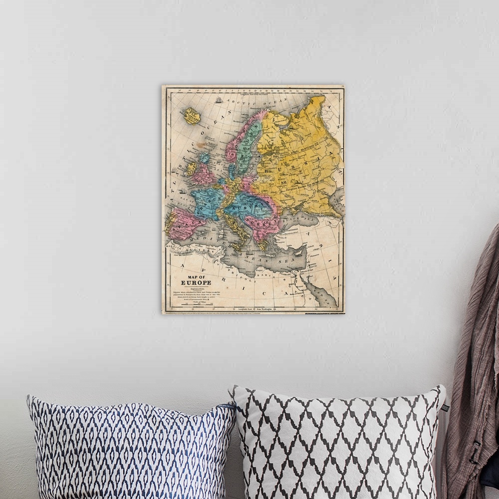 A bohemian room featuring 1847 Map of Europe, by Cady and Burgess of New York.