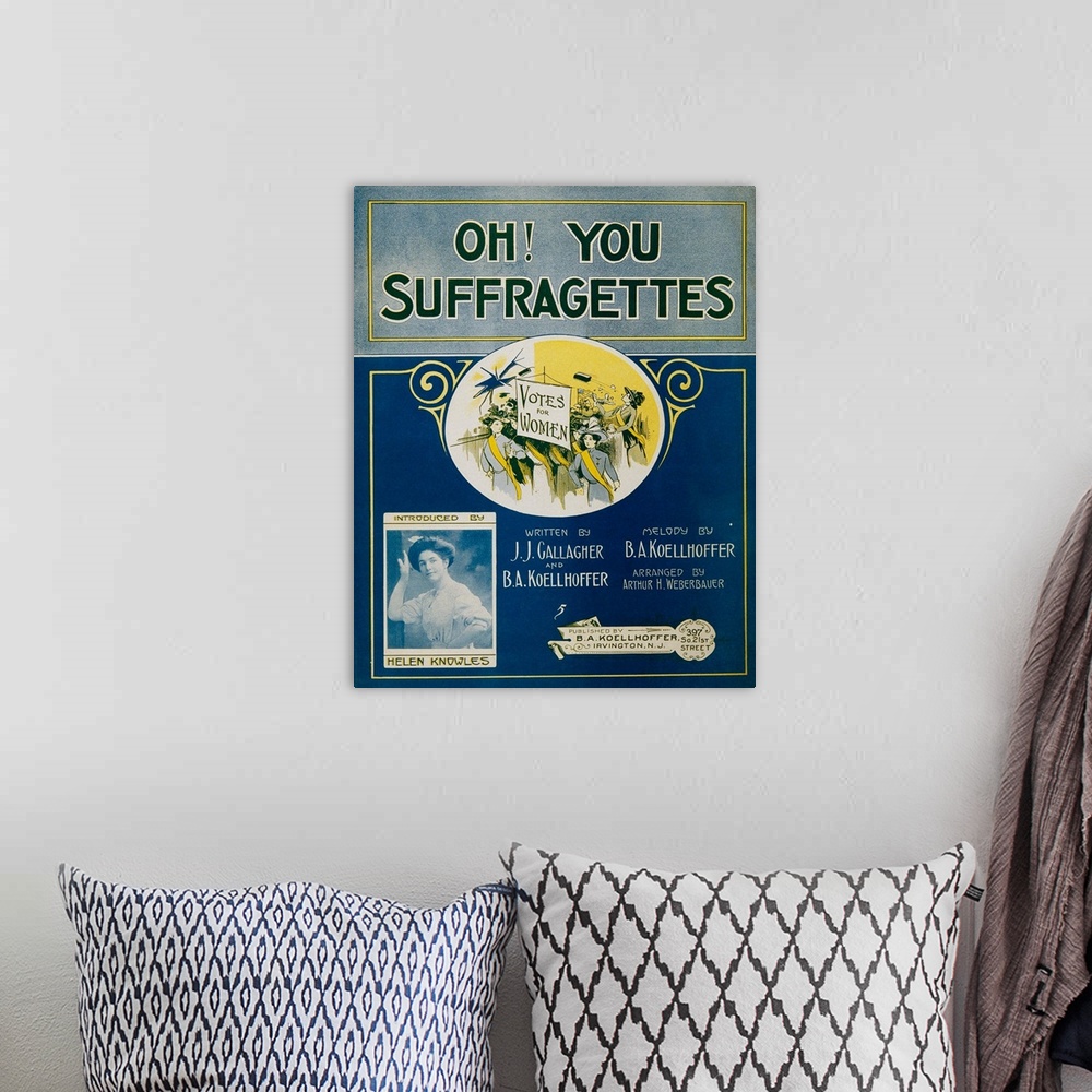 A bohemian room featuring Colorful sheet music for Oh You Suffragettes. The women's right to vote movement gave rise to a v...