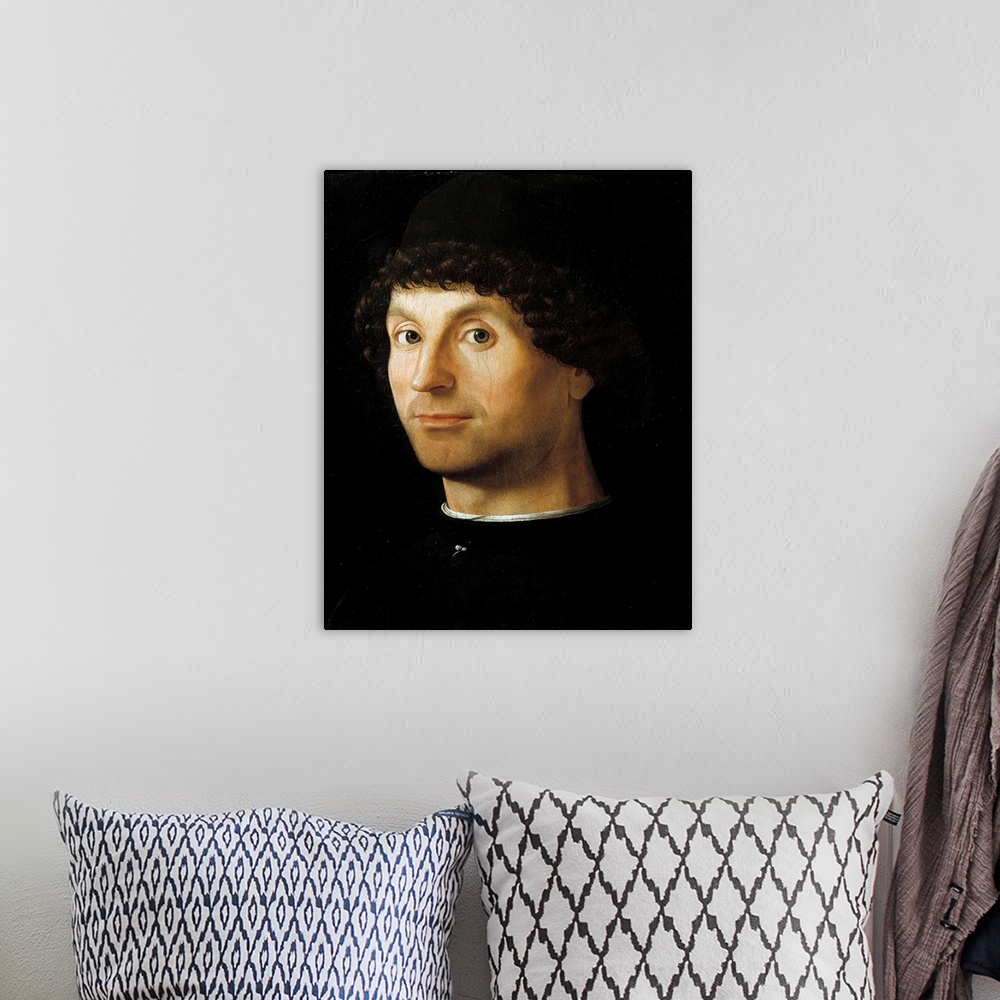 A bohemian room featuring Portrait of a man. Painting by Antonello Da Messina (1430-1479), oil on panel (27x21 cm), 1472-14...
