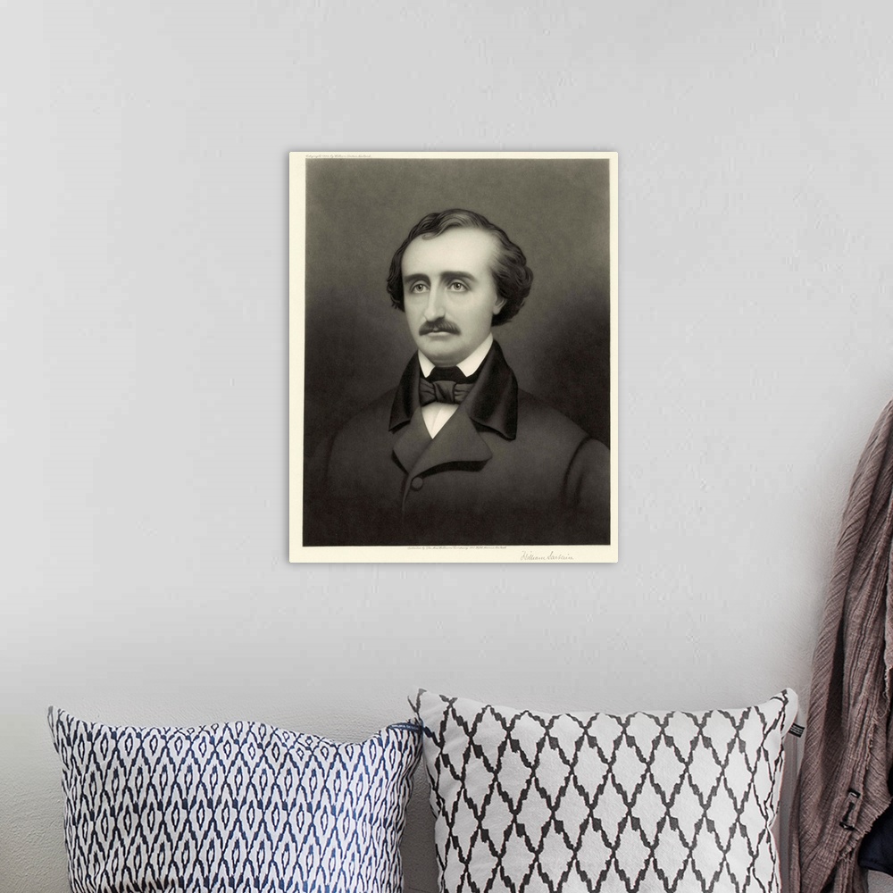 A bohemian room featuring Portrait of Edgar Allan Poe, by William Sartain (1843-1924), published in New York by Max William...