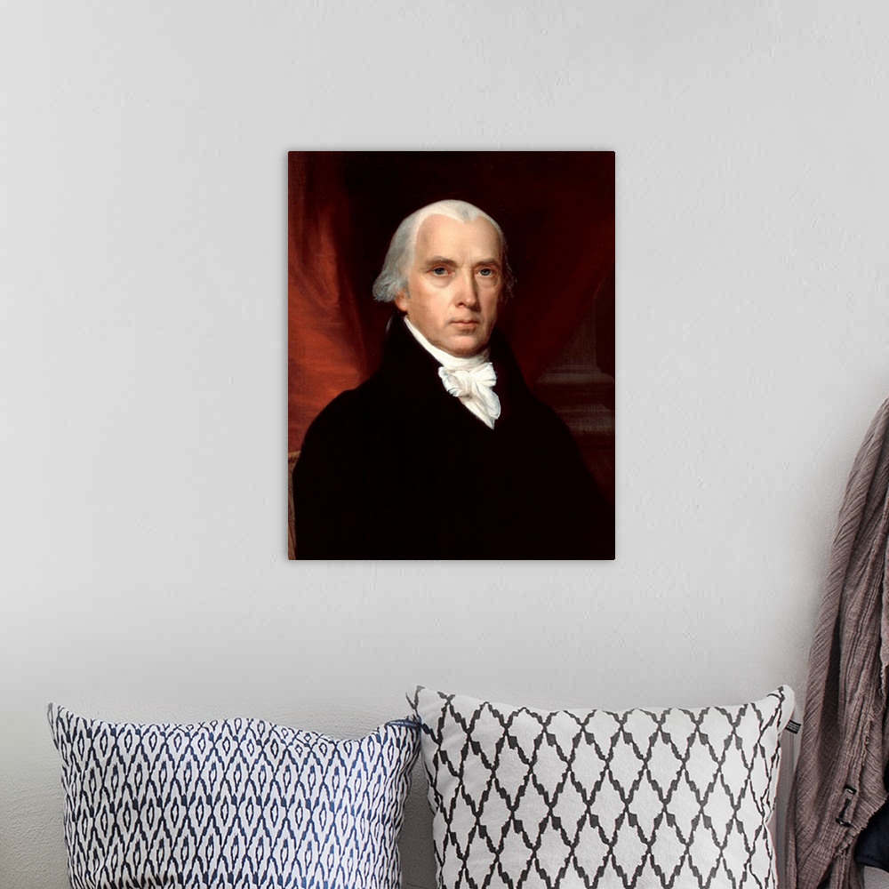 A bohemian room featuring Portrait of James Madison by unknown artist, 1816, oil on canvas, 26 x 22 3/16 in (66 x 56.4 cm)....