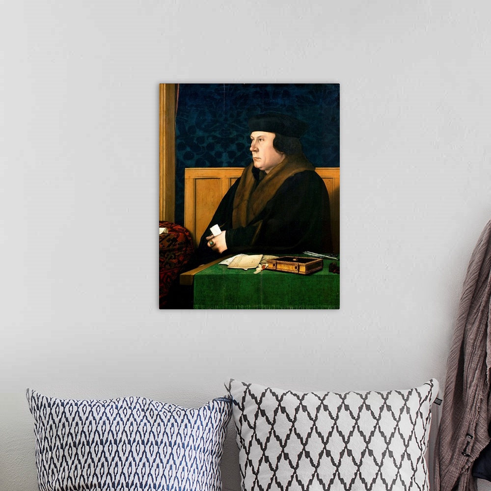 A bohemian room featuring Portrait Of Thomas Cromwell By Hans Holbein The Younger