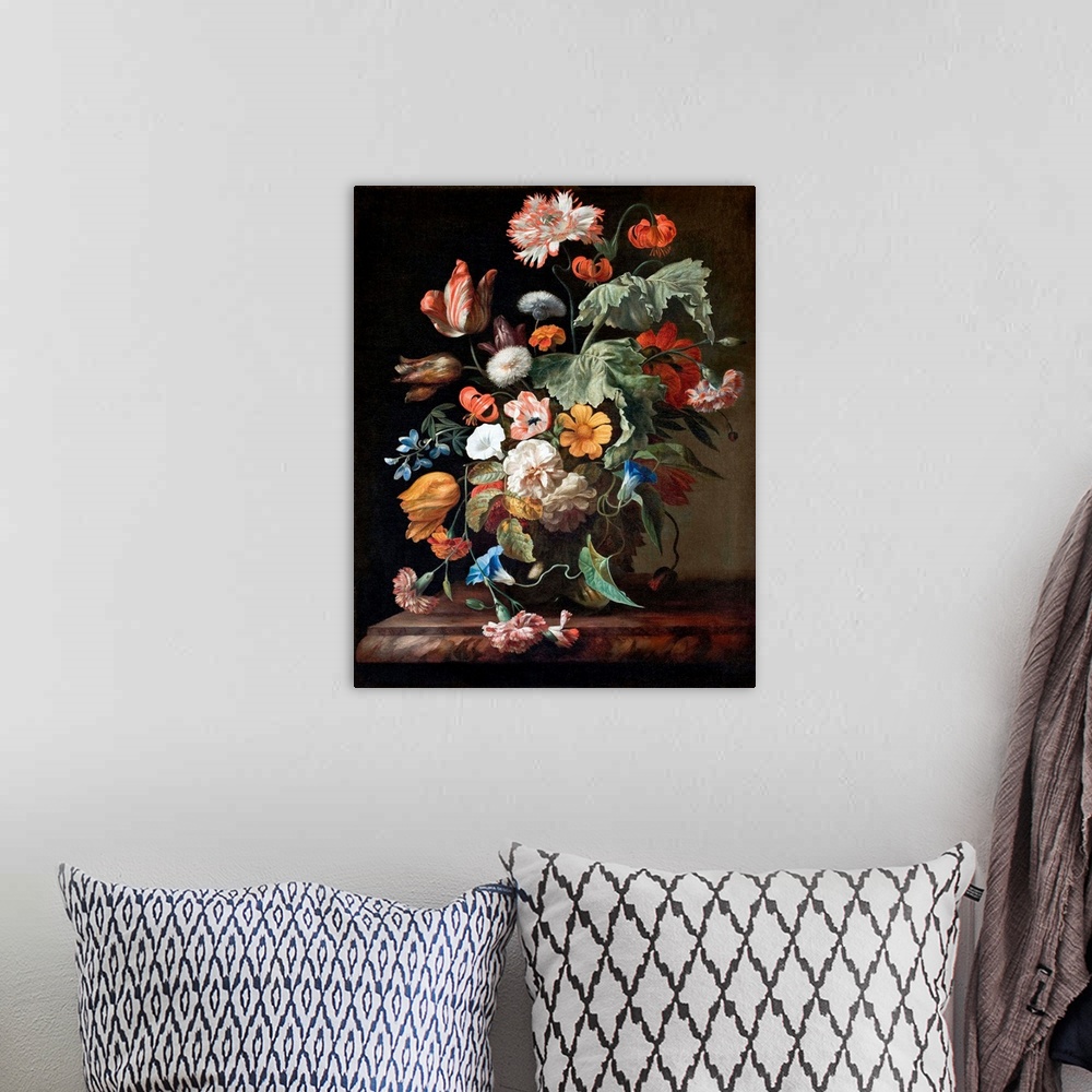 A bohemian room featuring Rachel Ruysch (Dutch, 16641750), Still-Life with Flowers, oil on canvas, 75 x 58.5 cm (29.5 x 23 ...