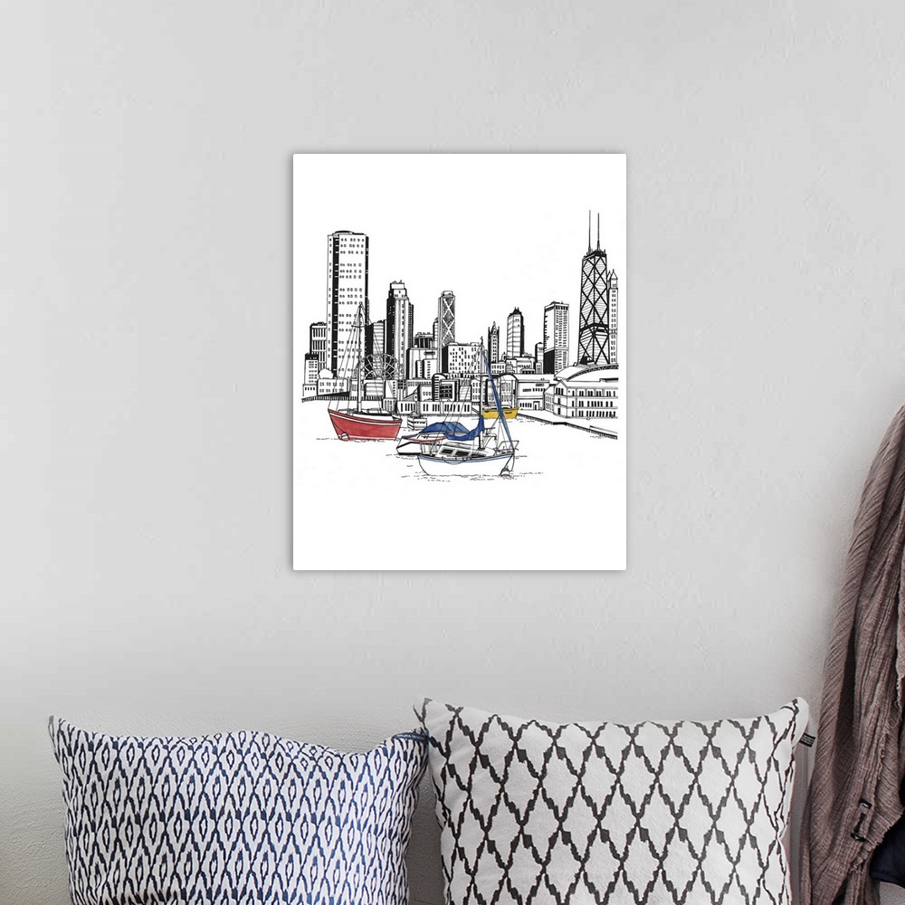 A bohemian room featuring Black and white watercolor painting of the Chicago, IL skyline with colorful sailboats in the har...