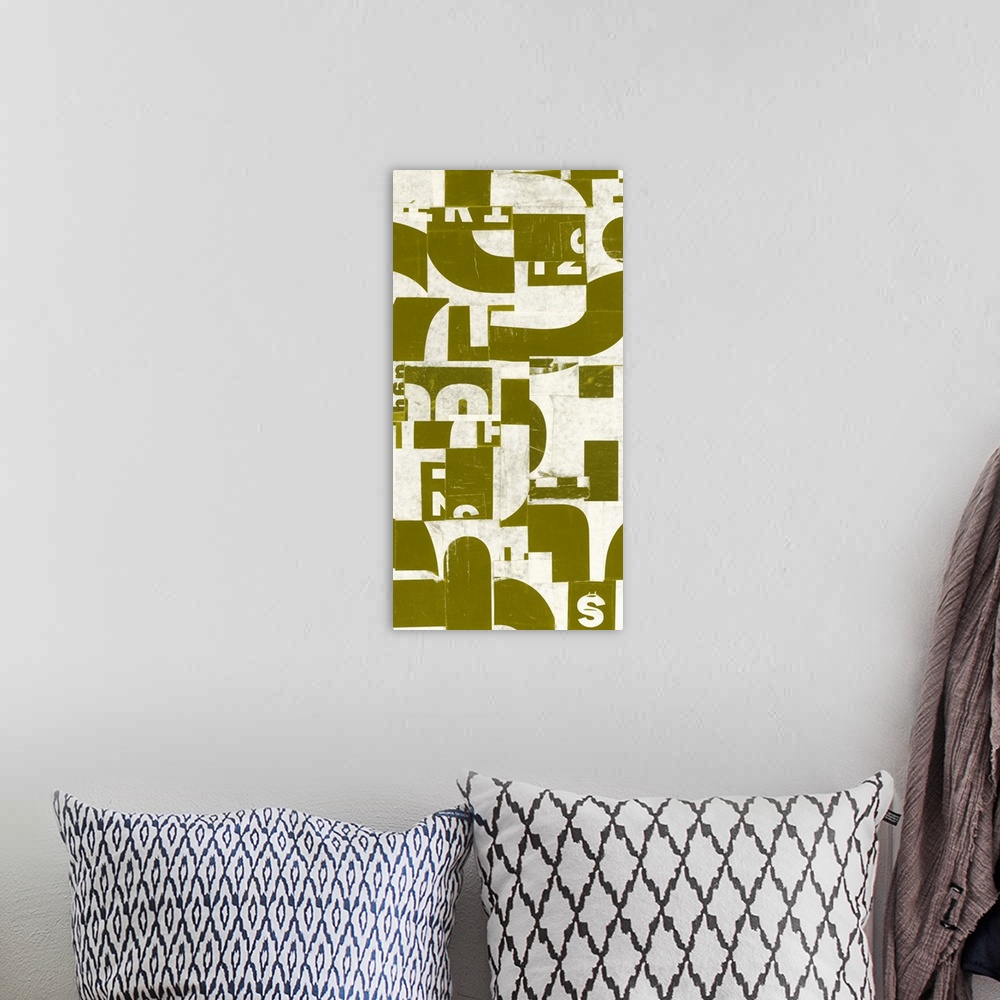 A bohemian room featuring A contemporary painting using geometric shapes and letters in a collage style.