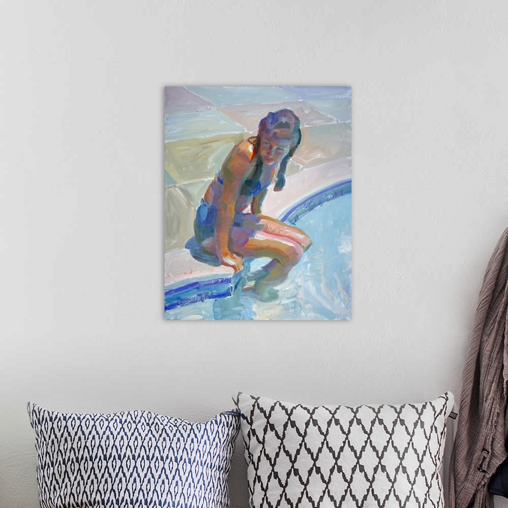 A bohemian room featuring Painting of a young girl sitting on the edge of a pool.