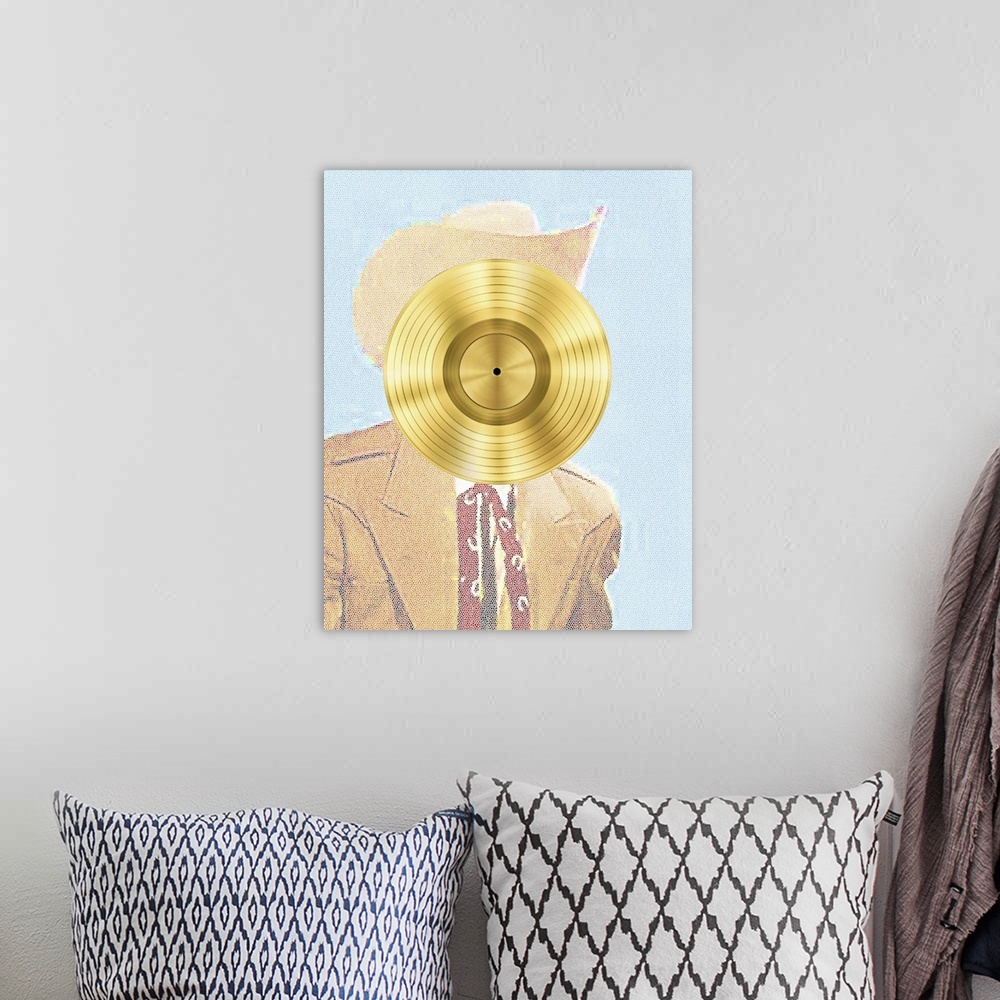 A bohemian room featuring Mosaic illustration of a man wearing western ware with a gold vinyl record for a face, created wi...